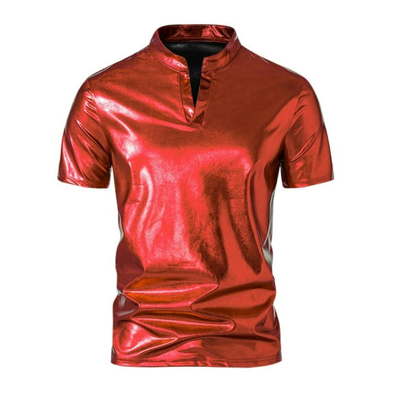 INSPIRE CHIC Metallic T-Shirt for Men's Stand Collared Shiny Disco Party Polo Tops XL Red