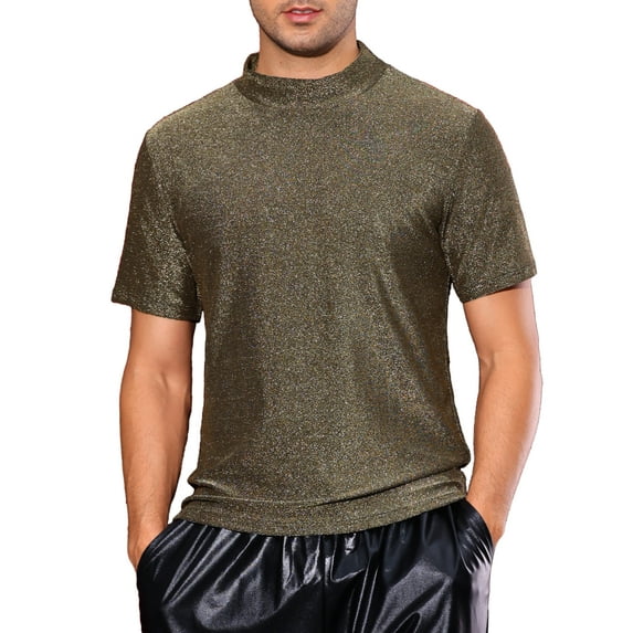 INSPIRE CHIC Metallic T-Shirts for Men's Mock Neck Short Sleeve Party Glitter Tees Sparkly T Shirts