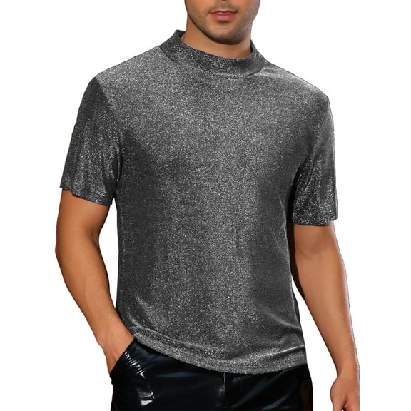 INSPIRE CHIC Metallic T-Shirts for Men's Mock Neck Short Sleeve Party Glitter Tees Sparkly T Shirts