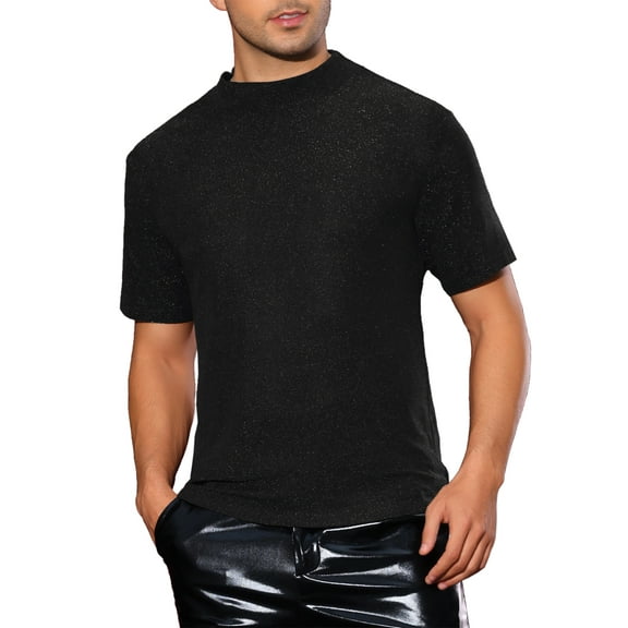 INSPIRE CHIC Metallic T-Shirts for Men's Mock Neck Short Sleeve Party Glitter Tees Sparkly T Shirts