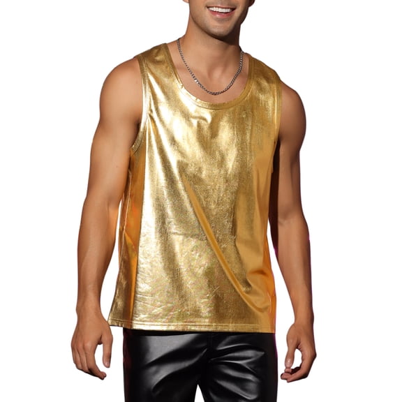 INSPIRE CHIC Metallic Tank Top for Men's Round Neck Shiny Disco Party Sleeveless Vest 2XL Golden