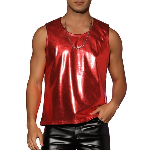 INSPIRE CHIC Metallic Tank Top for Men's Round Neck Shiny Disco Party Sleeveless Vest 2XL Red
