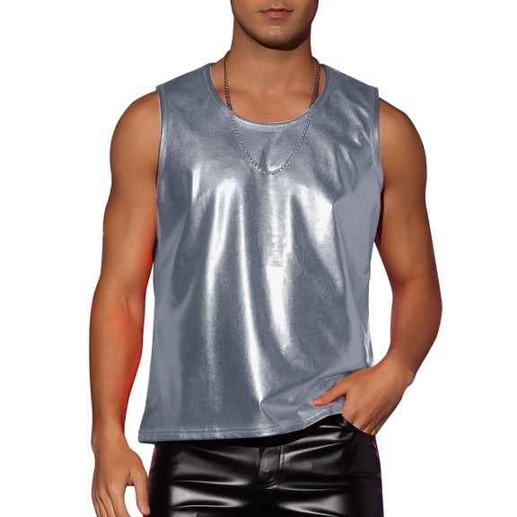 INSPIRE CHIC Metallic Tank Top for Men's Round Neck Shiny Disco Party Sleeveless Vest S Gray