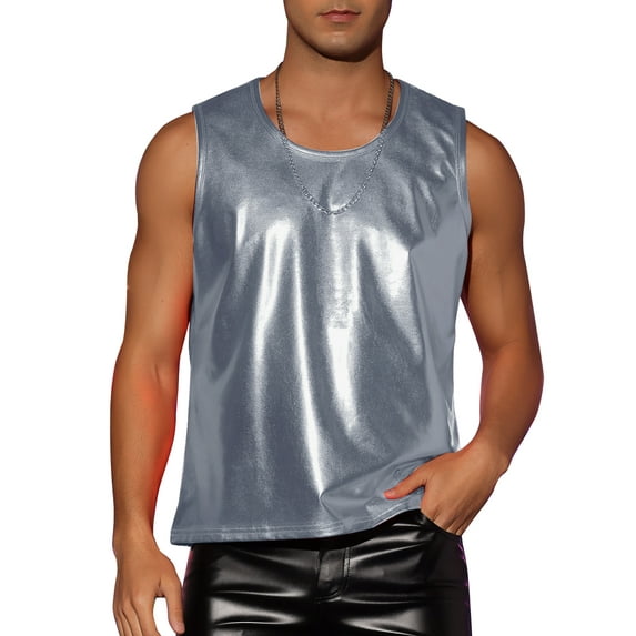 INSPIRE CHIC Metallic Tank Top for Men's Round Neck Shiny Disco Party Sleeveless Vest XL Gray