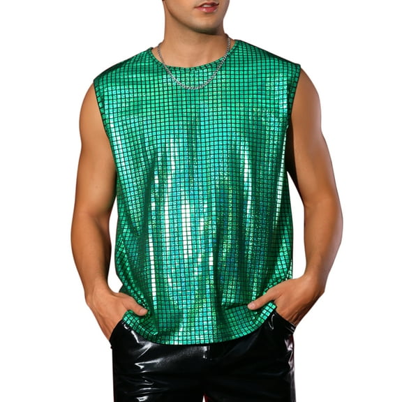 INSPIRE CHIC Metallic Tank Top for Men's Sleeveless Party Club Shining Vest 2XL Green