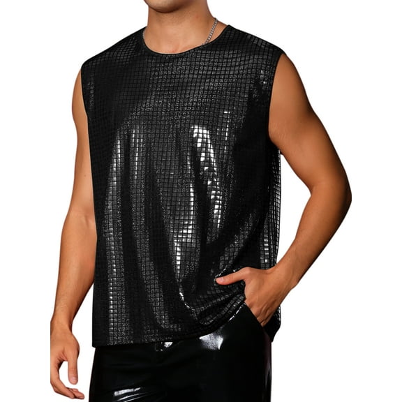 INSPIRE CHIC Metallic Tank Top for Men's Sleeveless Party Club Shining Vest L Black