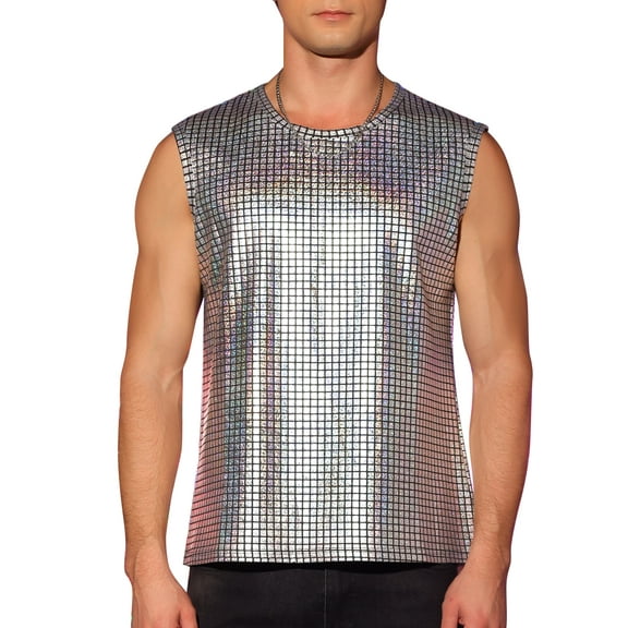 INSPIRE CHIC Metallic Tank Top for Men's Sleeveless Party Club Shining Vest L Silver