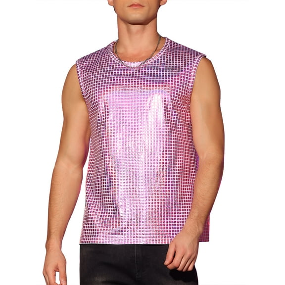 INSPIRE CHIC Metallic Tank Top for Men's Sleeveless Party Club Shining Vest XL Pink