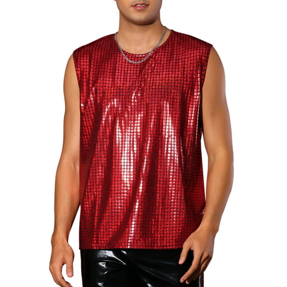 INSPIRE CHIC Metallic Tank Top for Men's Sleeveless Party Club Shining Vest XL Red
