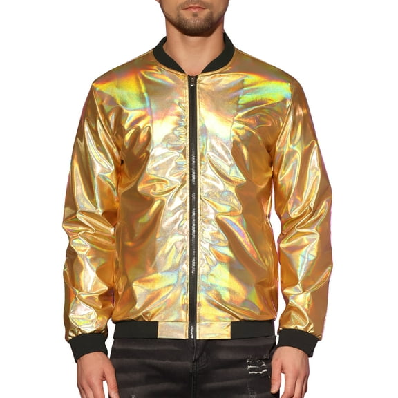 INSPIRE CHIC Metallic Varsity Jacket for Men's Zip Up Long Sleeves Holographic Jacket M Golden