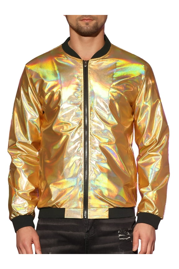 Metallic Varsity Jacket for Men's Zip Up Long Sleeves Holographic Jacket L Golden