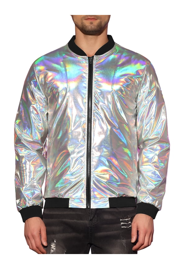 Metallic Varsity Jacket for Men's Zip Up Long Sleeves Holographic Jacket XL Silver