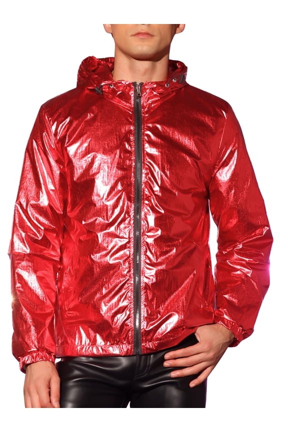 Metallic Windbreaker for Men's Drawstring Hooded Zipper Party Club Jacket Red M