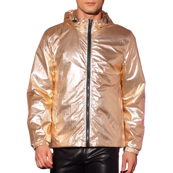 INSPIRE CHIC Metallic Windbreaker for Men's Drawstring Hooded Zipper Party Club Jacket Golden 2XL