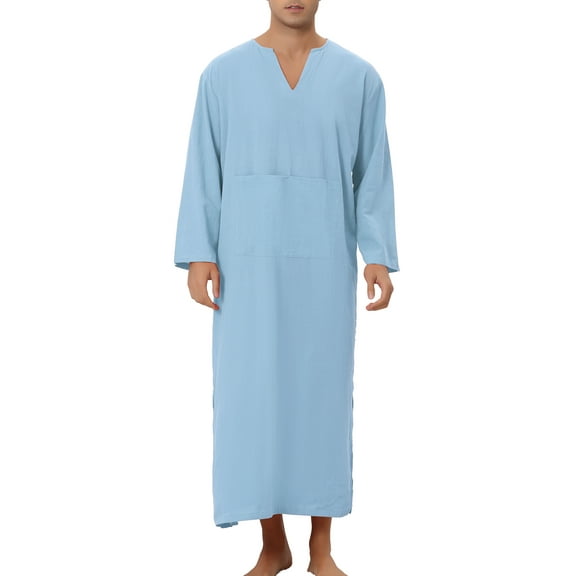 INSPIRE CHIC Nightgown for Men's Loose Fit Pajamas Long Sleeves V Neck Comfy Nightshirts M Blue