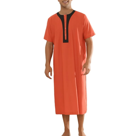 INSPIRE CHIC Nightgown for Men's Short Sleeves Button Closure Contrast Color Long Nightshirts M Orange Red