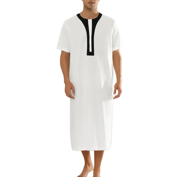 INSPIRE CHIC Nightgown for Men's Short Sleeves Button Closure Contrast Color Long Nightshirts M White