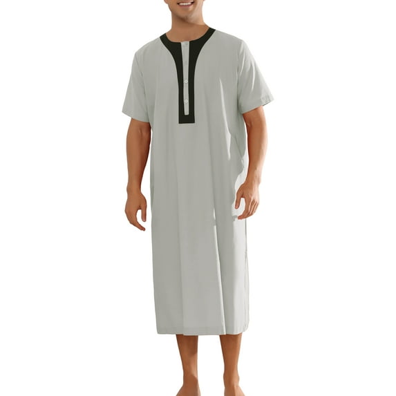 INSPIRE CHIC Nightgown for Men's Short Sleeves Button Closure Contrast Color Long Nightshirts L Gray
