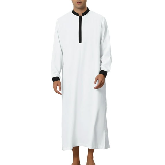INSPIRE CHIC Men's Nightshirt Contrast Color Banded Collar Long Sleeves Nightgown M White