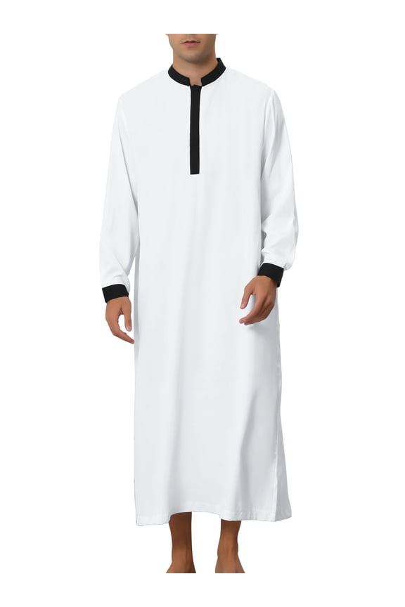Men's Nightshirt Contrast Color Banded Collar Long Sleeves Nightgown S White