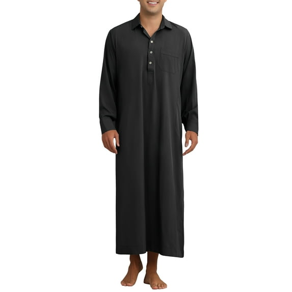 INSPIRE CHIC Nightshirt for Men's Long Sleeves Collared Neck Full Length Sleep Shirt Nightwear S Black
