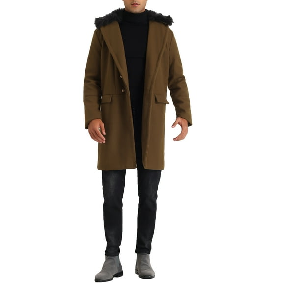 INSPIRE CHIC Overcoat for Men's Double Breasted with Detachable Faux Fur Collar Winter Trench Coat XL Brown