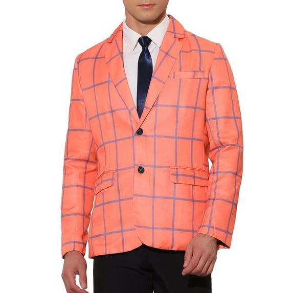 INSPIRE CHIC Plaid Blazers for Men's Contrasting Color Notch Lapel Two Button Sports Coat M Orange Red
