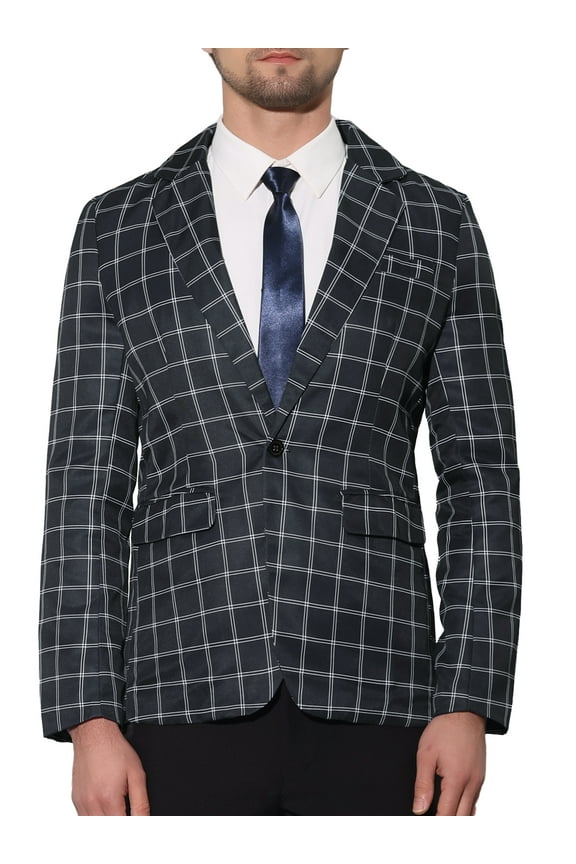 Men's Blazer Notch Lapel Contrasting Color Checked Pattern Sports Coat XL Black
