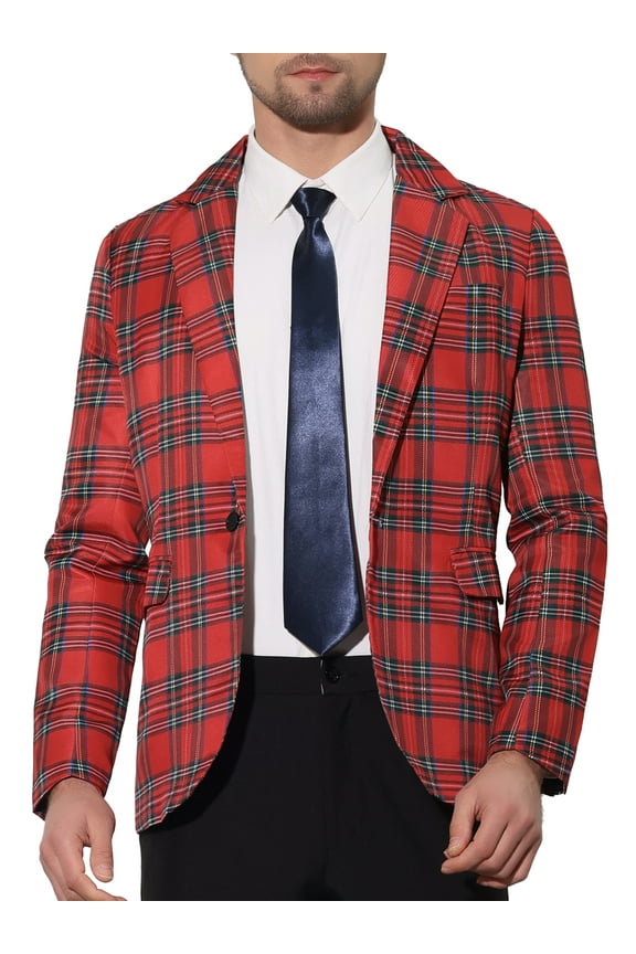 Men's Blazer Notch Lapel Contrasting Color Checked Pattern Sports Coat 2XL Red