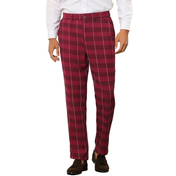 INSPIRE CHIC Plaid Casual Pants for Men's Slim Fit Tapered Checked Trouser Burgundy 32