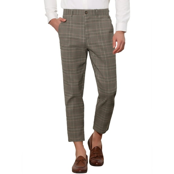 INSPIRE CHIC Plaid Cropped Pants for Men's Flat Front Ankle Length Checked Dress Pants 30 Light Brown