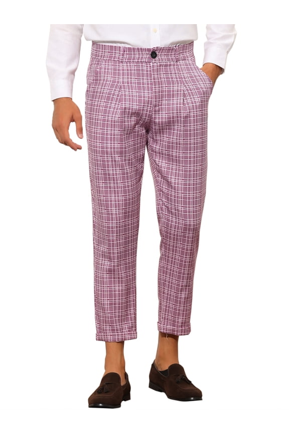 Plaid Cropped Pants for Men's Slim Fit Business Checked Slacks Pink 38
