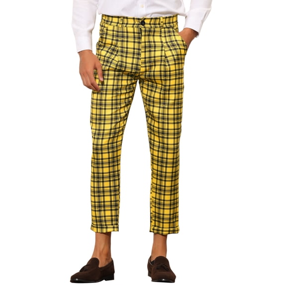 INSPIRE CHIC Plaid Cropped Pants for Men's Slim Fit Business Checked Slacks Yellow 36