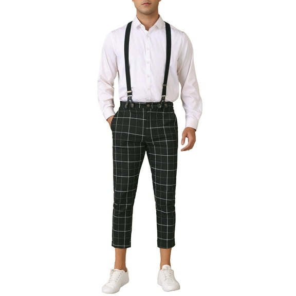 INSPIRE CHIC Plaid Cropped Pants for Men's Tapered Leg Formal Checked Trousers with Suspender