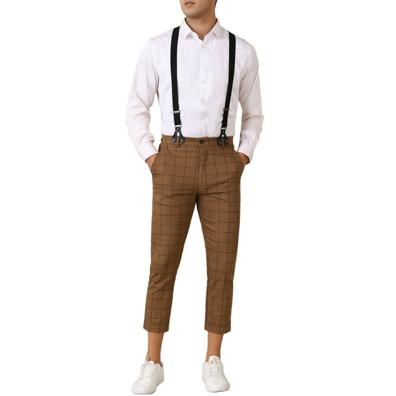 INSPIRE CHIC Plaid Cropped Pants for Men's Tapered Leg Formal Checked Trousers with Suspender
