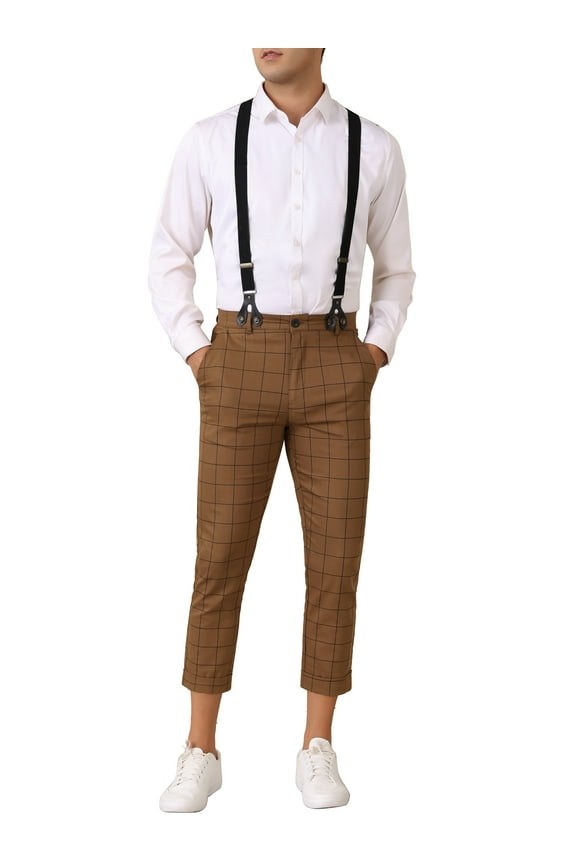 Plaid Cropped Pants for Men's Tapered Leg Formal Checked Trousers with Suspender