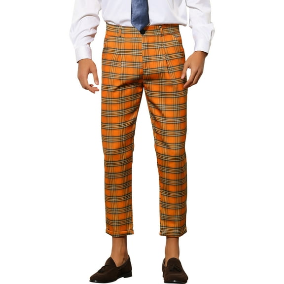 INSPIRE CHIC Plaid Dress Pants for Men's Ankle Length Checked Business Trousers 30 Orange