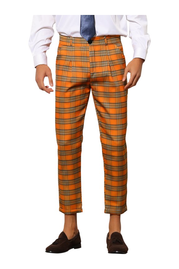 Plaid Dress Pants for Men's Ankle Length Checked Business Trousers 28 Orange