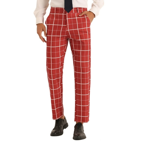 INSPIRE CHIC Plaid Dress Pants for Men's Business Slim Fit Flat Front Checked Trousers 32 Burgundy