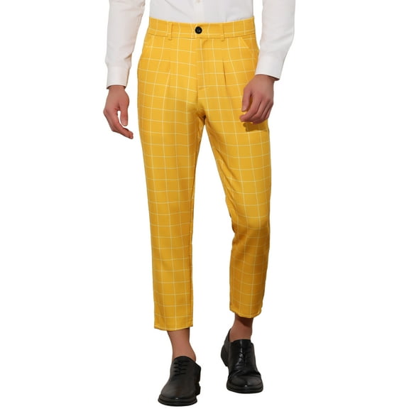 INSPIRE CHIC Plaid Dress Pants for Men's Cropped Ankle Length Business Trousers 32 Yellow