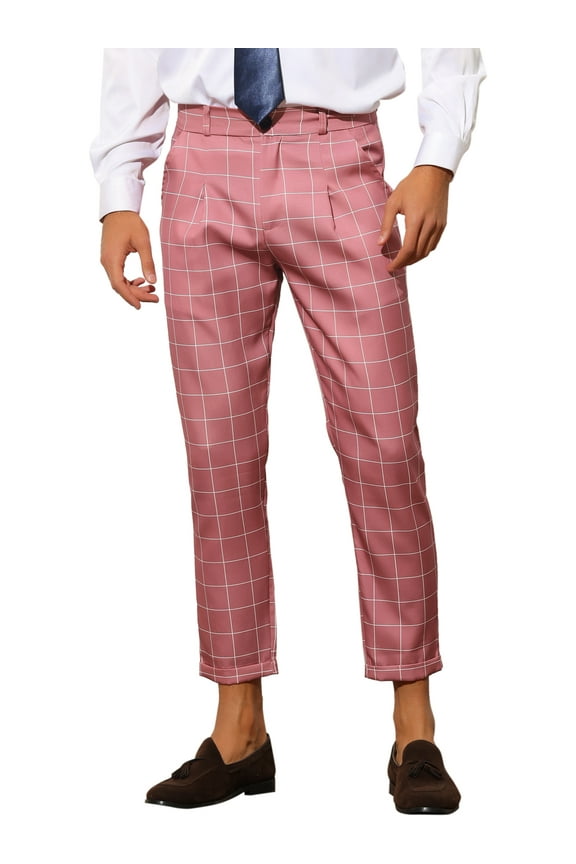 Plaid Dress Pants for Men's Cropped Ankle Length Business Trousers 28 Pink