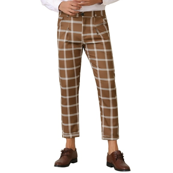 INSPIRE CHIC Plaid Dress Pants for Men's Cropped Ankle Length Business Trousers 32 Light Brown