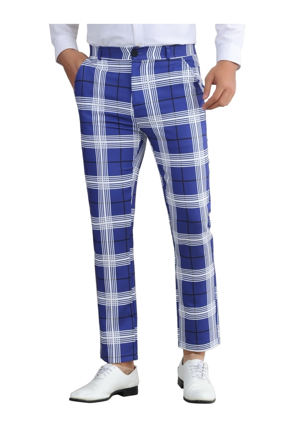 Plaid Dress Pants for Men's Flat Front Chino Contrasting Colors Business Trousers