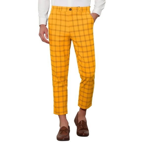 INSPIRE CHIC Plaid Dress Pants for Men's Flat Front Tapered Cropped Checked Trousers 34 Yellow