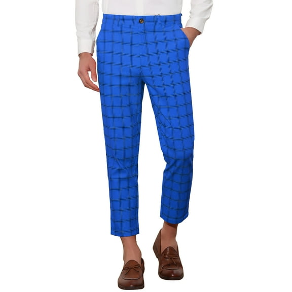 INSPIRE CHIC Plaid Dress Pants for Men's Flat Front Tapered Cropped Checked Trousers 30 Blue