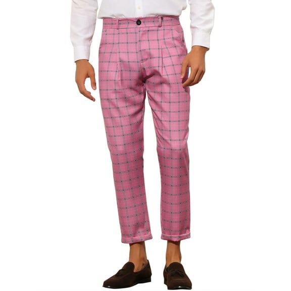 INSPIRE CHIC Plaid Dress Pants for Men's Slim Fit Ankle Length Cropped Trousers 28 Pink