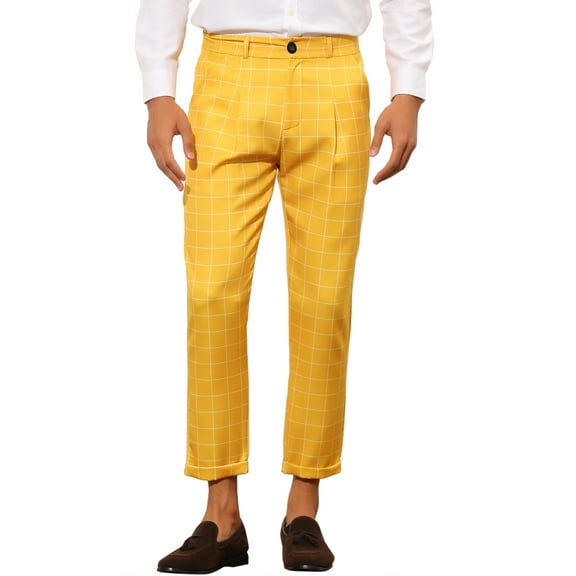 INSPIRE CHIC Plaid Dress Pants for Men's Slim Fit Ankle Length Cropped Trousers 36 Yellow