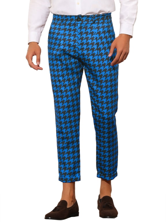 Plaid Dress Pants for Men's Slim Fit Houndstooth Cropped Pants 34 Blue