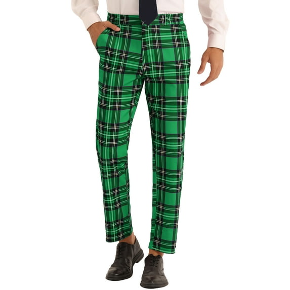 INSPIRE CHIC Plaid Dress Pants for Men's Slim Fit Straight Leg Formal Tartan Printed Pants 28 Green