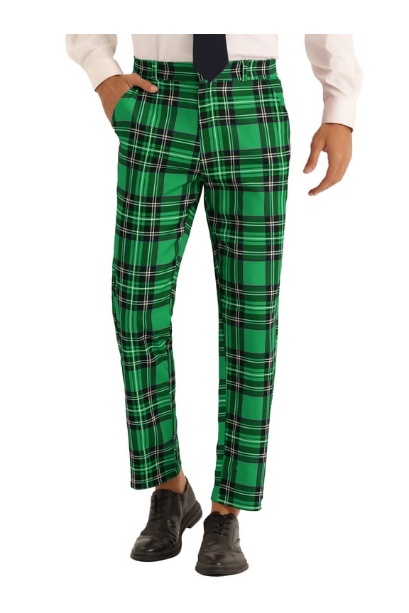 Plaid Dress Pants for Men's Slim Fit Straight Leg Formal Tartan Printed Pants 36 Green
